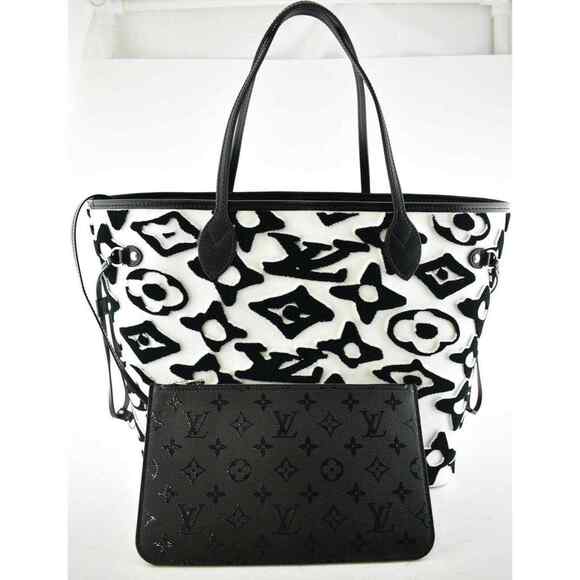 Louis Vuitton Neverfull MM & Pouch Urs Fischer Black White Handle Shoulder Bag - Picture 2 of 12